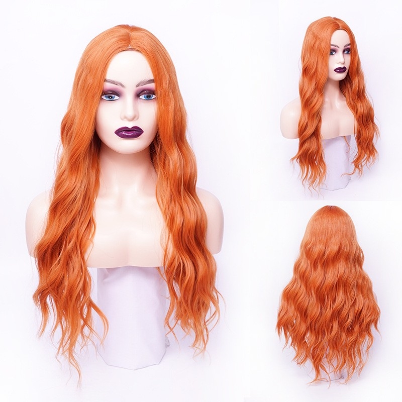 European and American Wig for Women, Orange Color with Middle Part and Corn Curl Hair, Synthetic Fiber Hair, Cross-border Wig