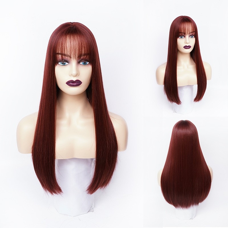 Wig for Women with Straight Hair, Burgundy Color with Air Bangs, Rose Red Full Head Wig System, Supply from Manufacturer for Wholesale