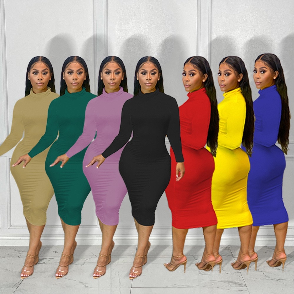 European and American Women's Amazon Cross-Border New Sexy and Stylish High Neck Solid Color Long Sleeve Dress