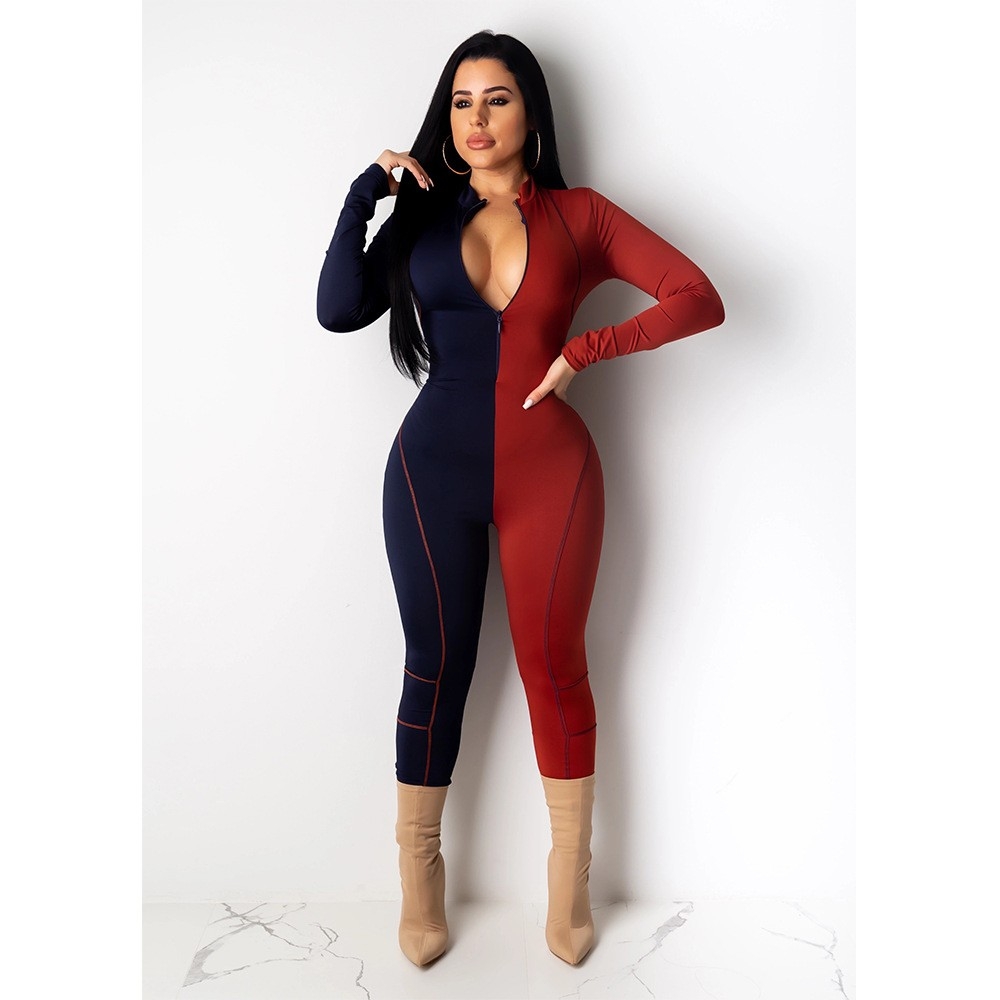 European and American Women's Amazon Cross-Border New Sexy and Stylish Color-Block Splice Zipper Jumpsuit