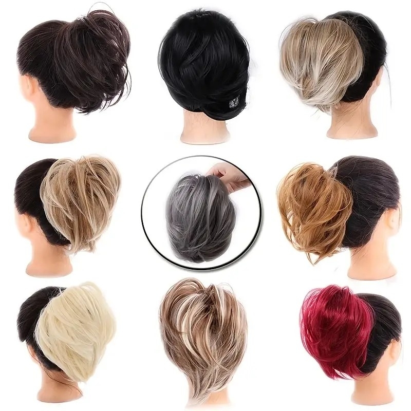 Women's Wig Puffy Short Bun Headband Long Beard Monochrome Double Color Hair Bun