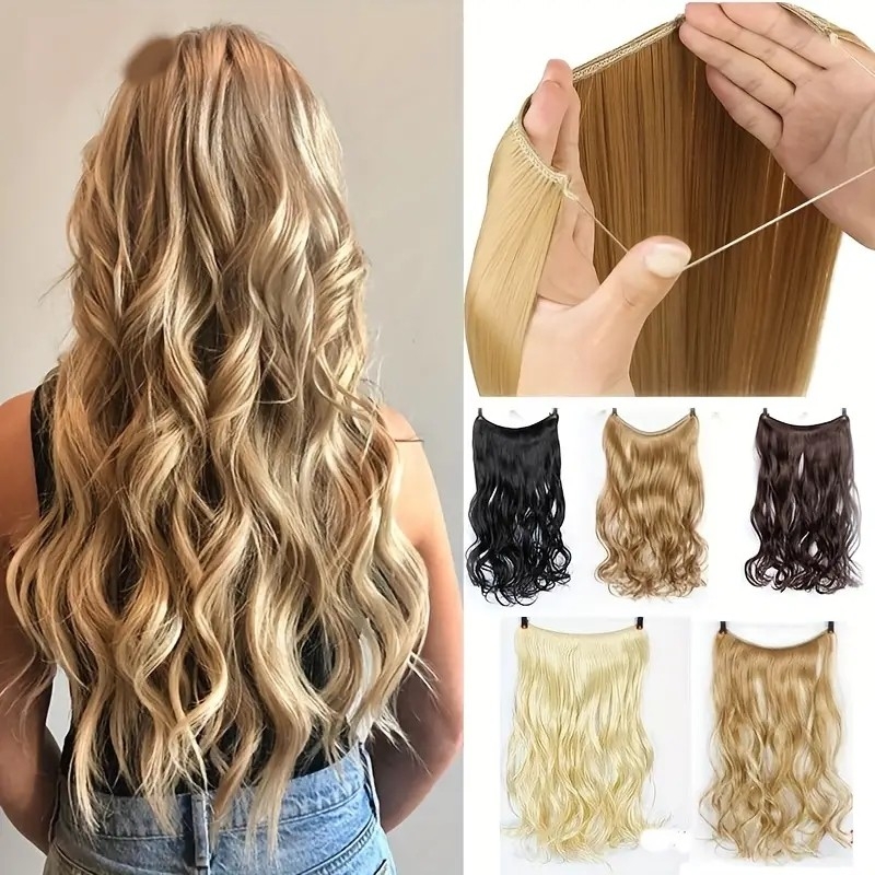 Long Wavy Curly Hair Extensions With Fish Line Invisible Wire Secret No Clips In Hairpieces Synthetic Heat Resistant Fiber Hair Extensions For Women Girls