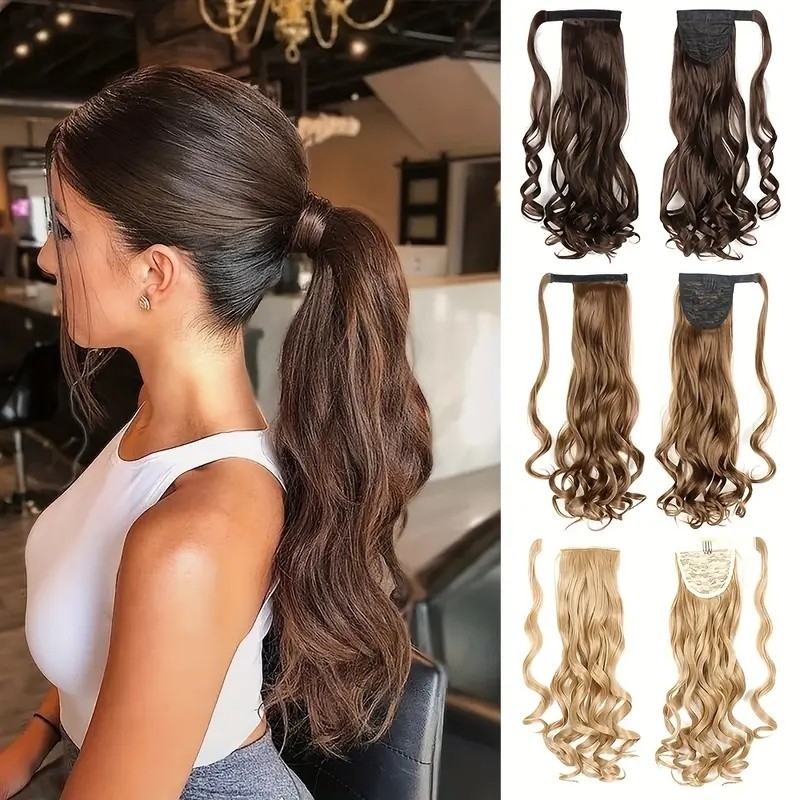 Long Curly Ponytail Extension Magic Paste Heat Resistant Wavy Synthetic Wrap Around Ponytail Hairpiece For Women Girls