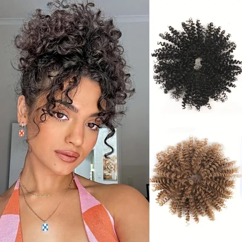 4 Inch Small Curly Hair Curls Unisex Synthetic Heat Resistant Fiber Wigs Fashionable Wig Buns For Women And Men 1B#