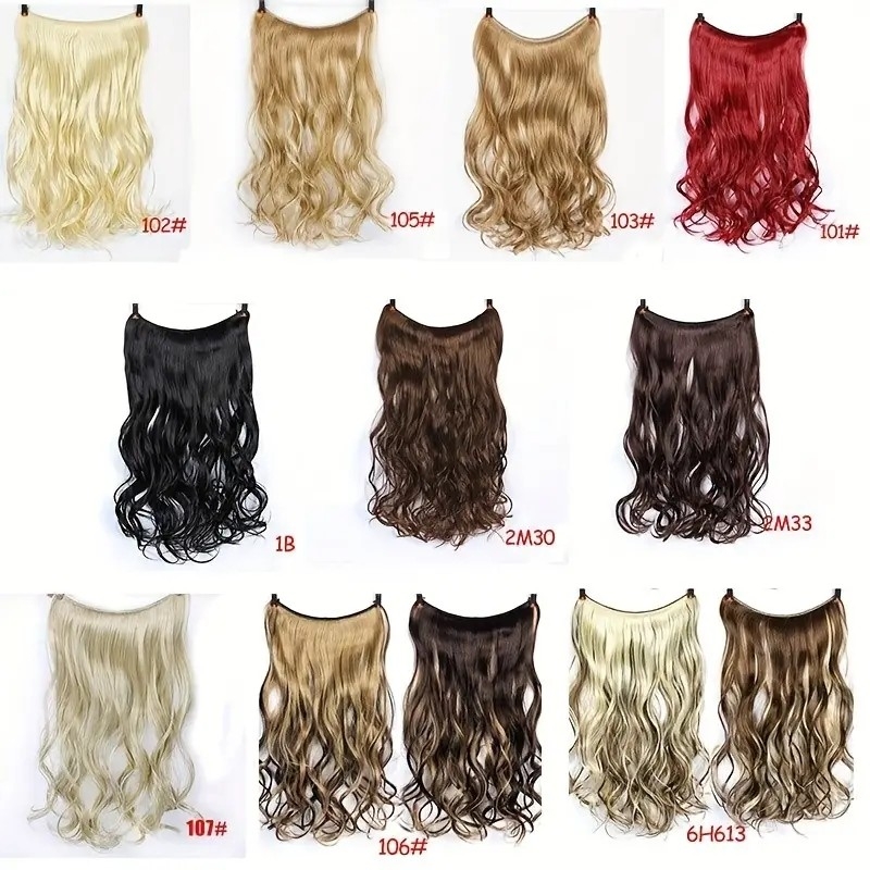 Long Wavy Curly Hair Extensions with Fish Line Invisible Wire Attachment - Clip-Free Synthetic Heat-Resistant Fiber Hair Extensions for Women and Girls