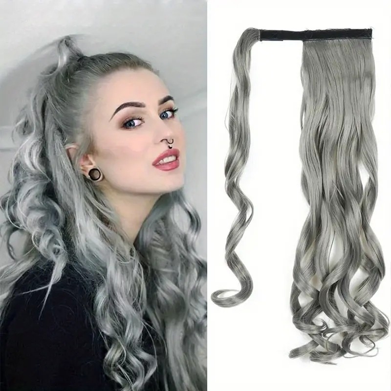 Long Curly Ponytail Extension with Magic Paste Attachment - Heat-Resistant Wavy Synthetic Wrap-Around Ponytail Hairpiece for Women and Girls