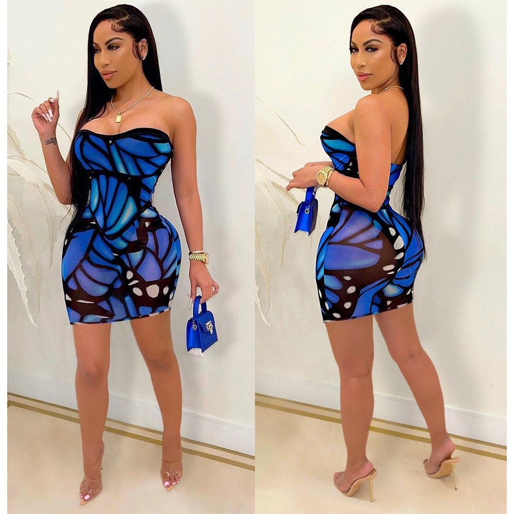 SH7253 European and American Womens Amazon Cross-Border New Sexy Plus Size Off-Shoulder Sleeveless Printed Nightclub Dress