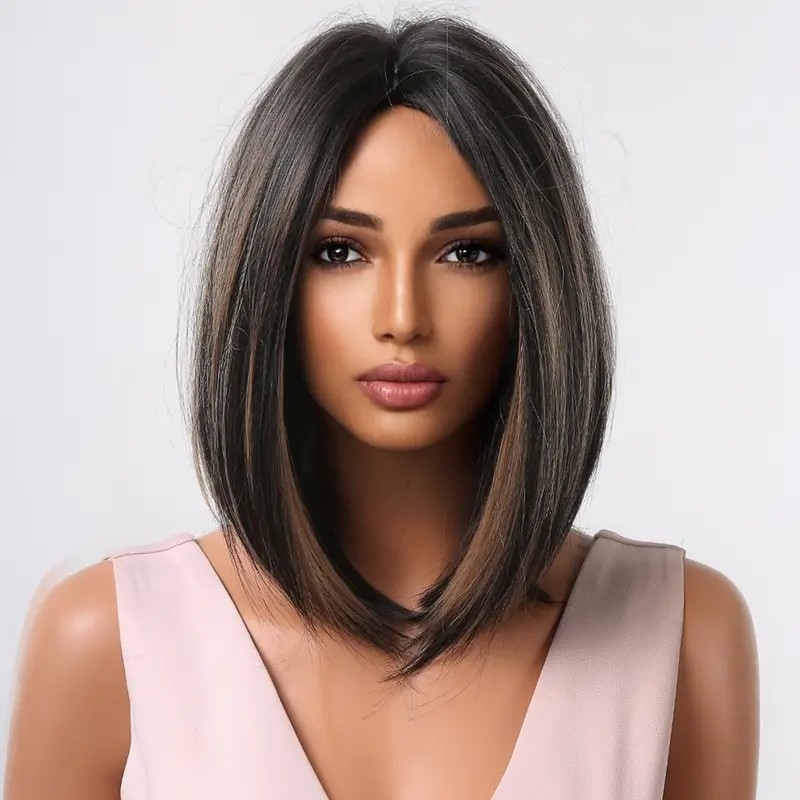 Short Bob Straight Wine Red Synthetic Bangs Wigs For Women Cosplay Party Daily Use High Temperature Fiber