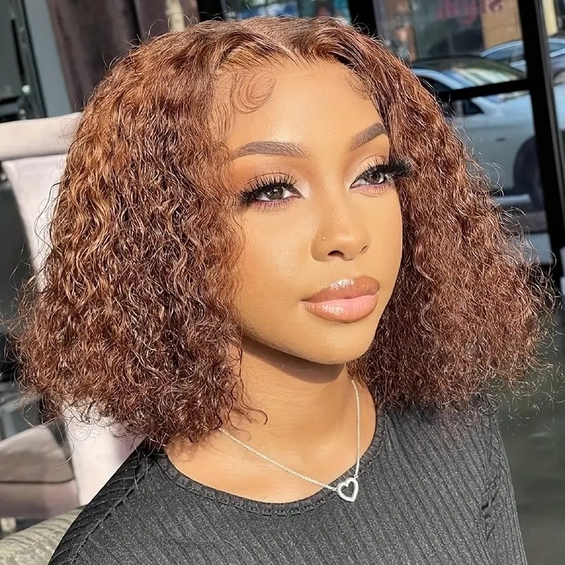 Ombre Brown and Honey Blonde Highlighted Deep Wave Lace Front Bob Wig - 13x4 Transparent Lace Front, Pre-Plucked, 180% Density, Perfect for Women Who Want to Enhance Their Natural Beauty