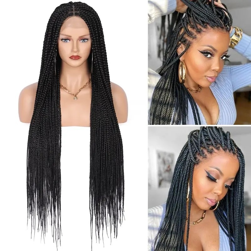 36 Inch Full Double Lace Front Box Braided Wigs Knotless Cornrow Braids Lace Frontal Wig Synthetic Hand Braided Wigs With Baby Hair For Women