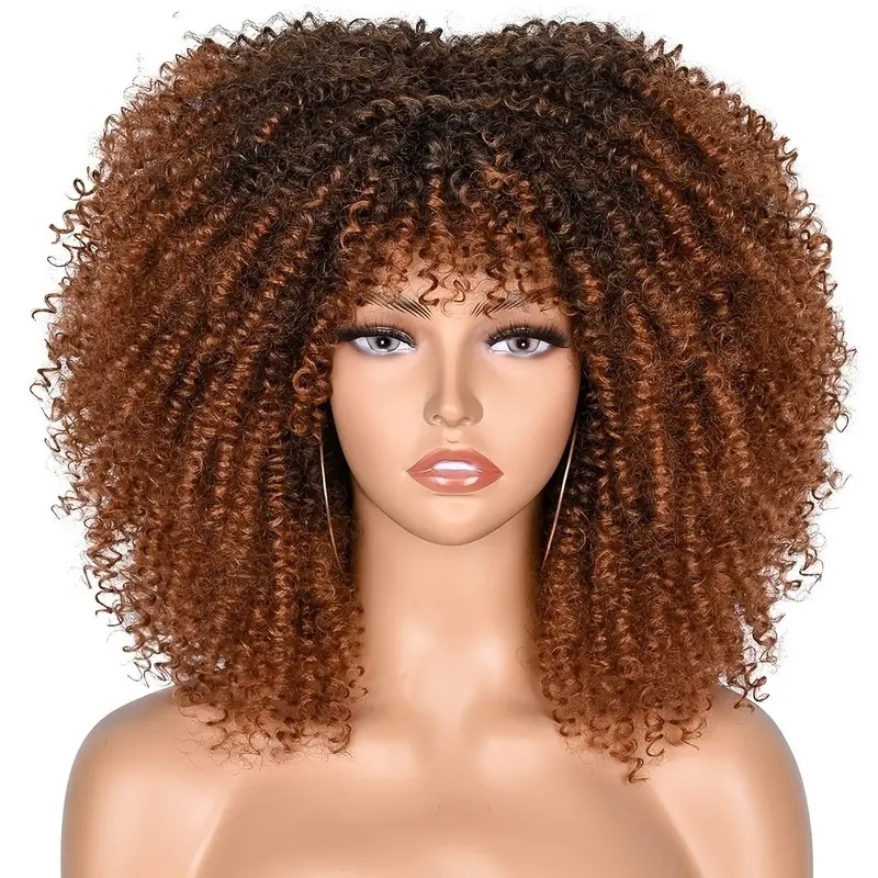 14 Inch Short Afro Kinky Curly Wigs With Bangs For Women Synthetic Heat Resistant Hair Replacement Wig