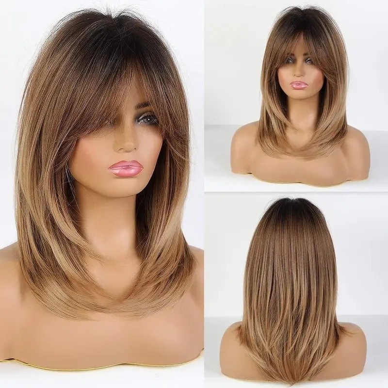 Stunning Ombre Brown Layered Wig with Bangs – Heat-Resistant and Natural-Looking