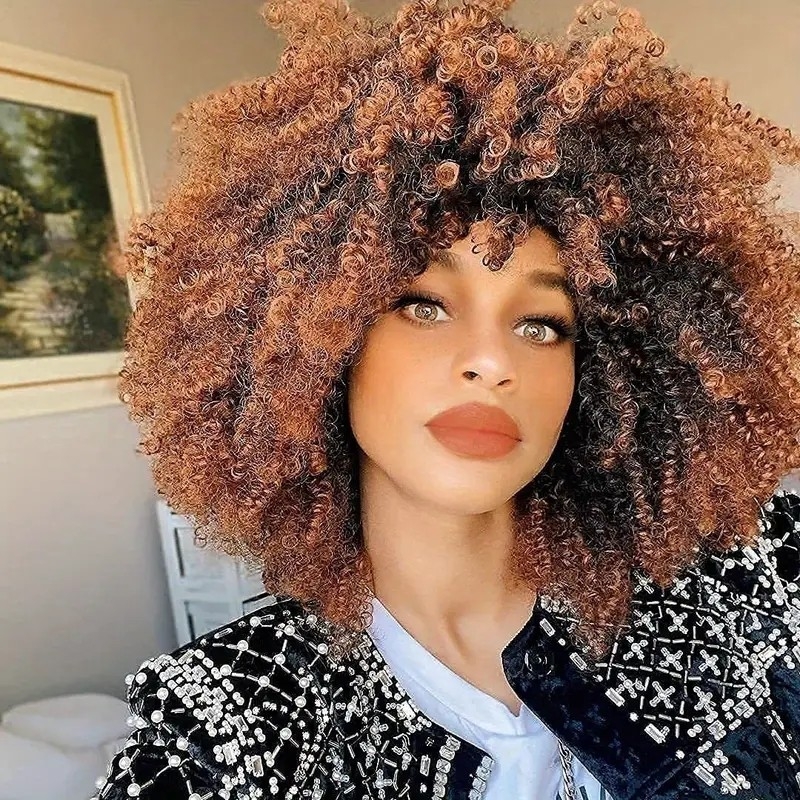 Heat-Resistant Beauty: 14-Inch Afro Kinky Curly Wig with Bangs – Perfect Hair Replacement