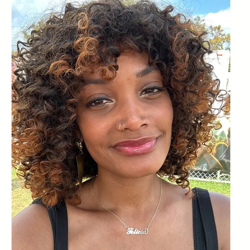 14 Inch Short Afro Kinky Curly Wigs For Women Synthetic Wigs With Bangs Heat Resistant Hair Fluffy Natural Black Hair Wig For Party Daily Wear