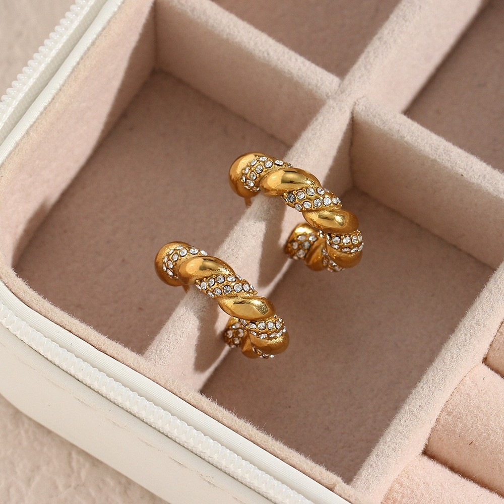 European and American Fashionable INS Elegance Earrings: Stainless Steel 18K Gold-Plated Braided Zircon Round C-Shaped Ear Hoops