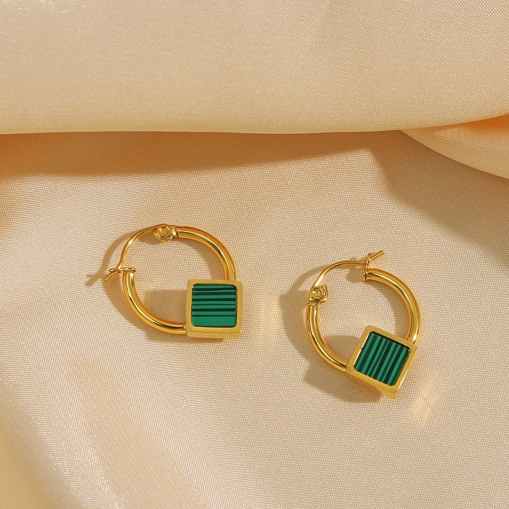 European and American INS Fashionable and Popular Simple Earrings: Stainless Steel Green Striped Acrylic Square Ear Hoops