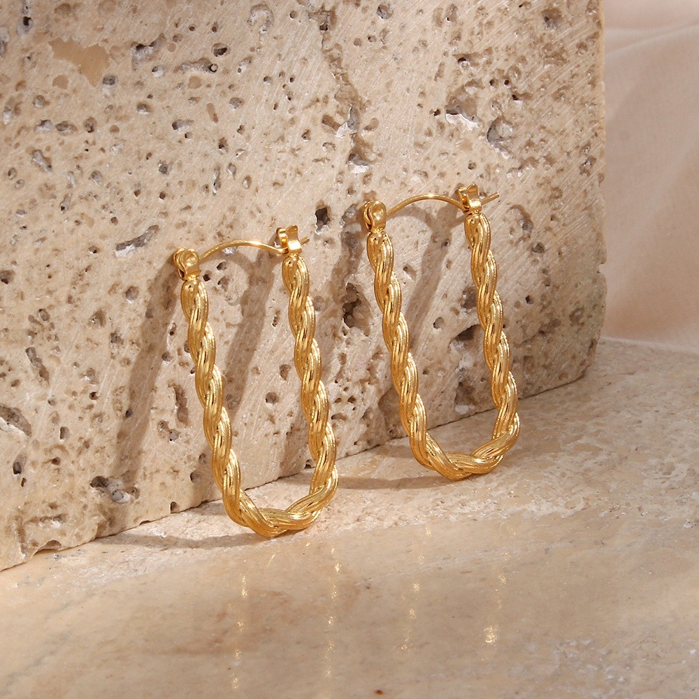 European and American INS Fashionable Simple Unique Trendy Ear Hoops: Stainless Steel 18K Gold-Plated Elongated U-Shaped Twisted Braided Earrings