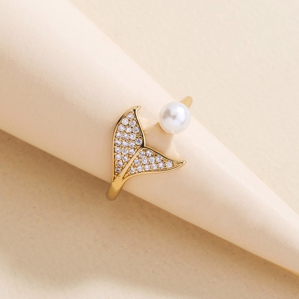 European and American Cross-Border Accessories: Pearl Fish Tail Zircon Micro-Inlaid Mermaid Tail Open Pearl Ring