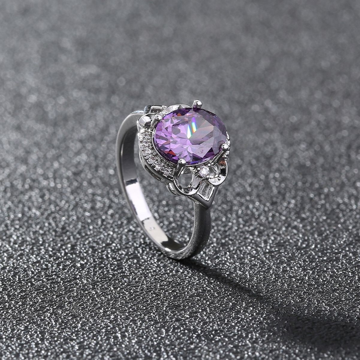 European and American Cross-Border Fashion Jewelry: Oval Purple Gemstone Hand-Inlaid Zircon, Exuding High-Quality Grace for Women