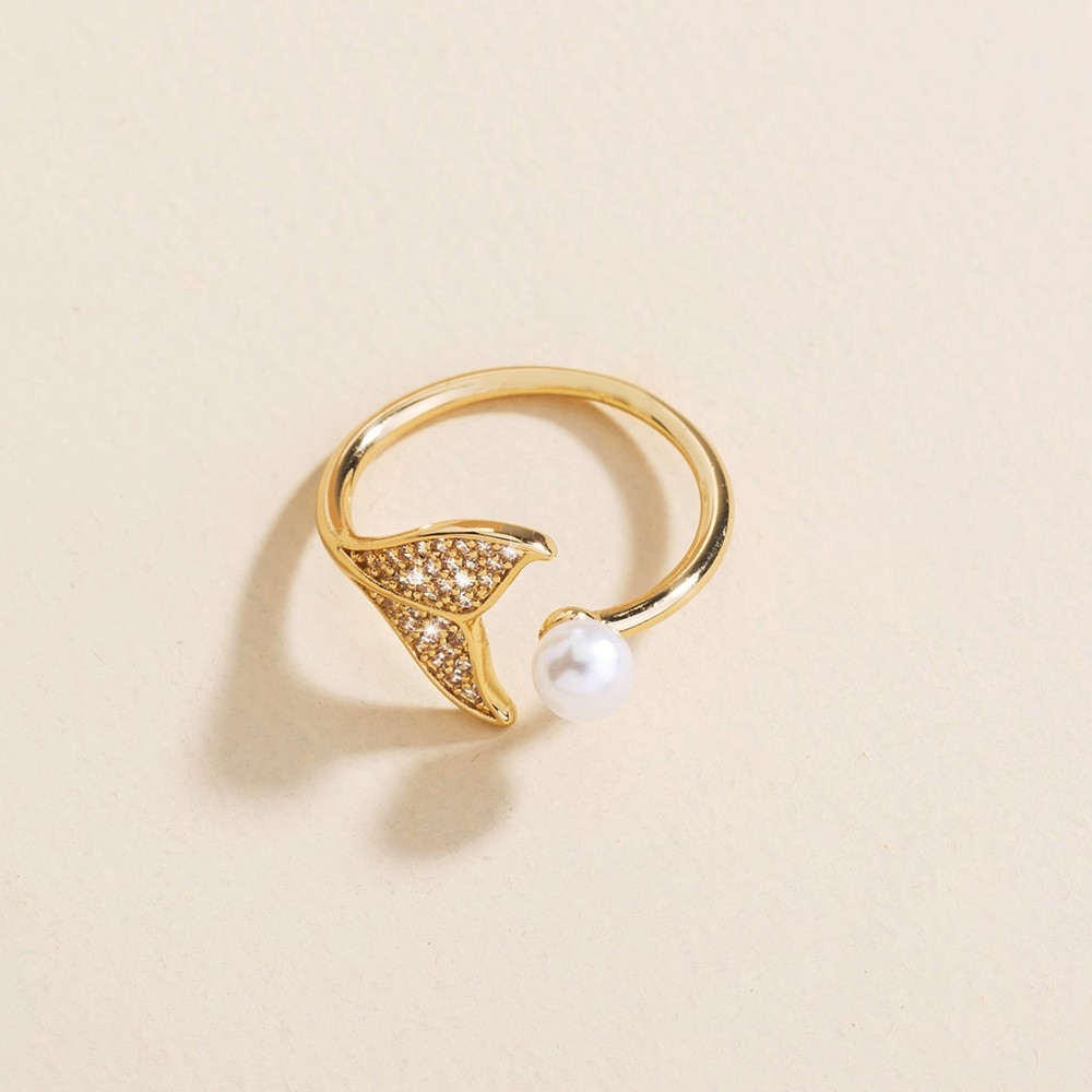 European and American Cross-Border Ins Style Ring: Minimalist Micro-Inlaid Pearl and Zircon Ring with Mermaid Tail Open Ring, Fashion Jewelry