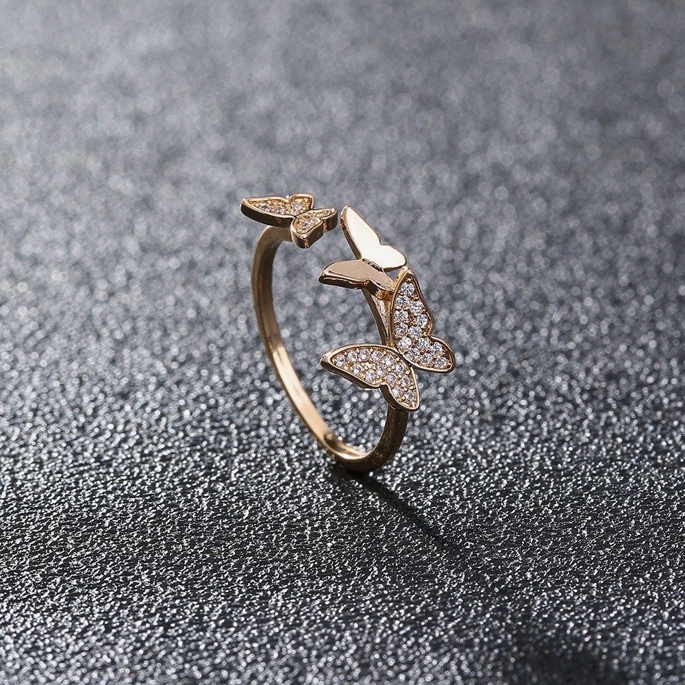 Foreign Trade Fresh and Sweet Style: Micro-Inlaid Diamond Butterfly Ring with Unique Design, Creative and Adjustable Womens Accessory