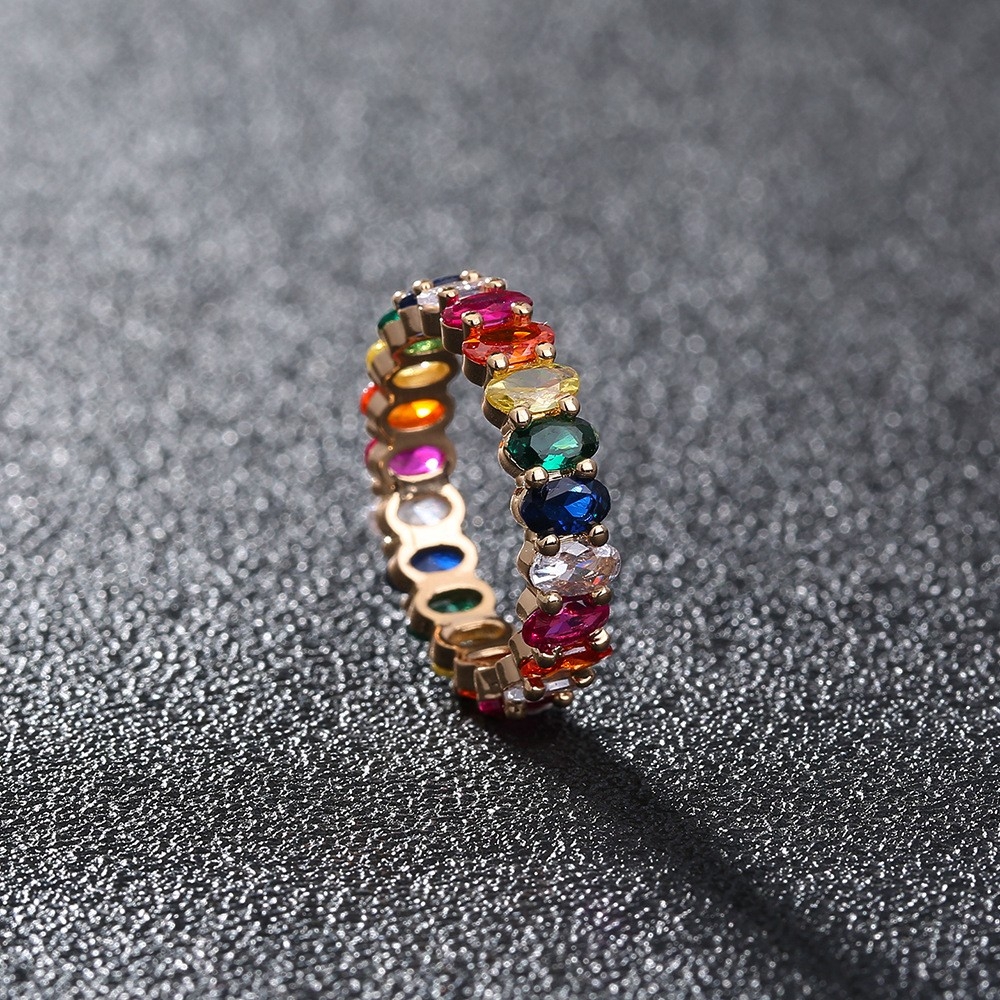 Cross-Border Hot-Selling: Luxurious Gold Colored Hand-Inlaid Colored Gemstone Ring - Oval Zircon Gemstone Ring for Women