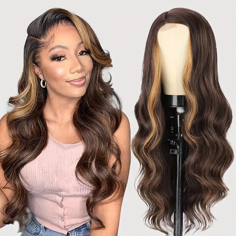 26 Inch Long Body Wave Hair Wigs For Women Side Part Natural Looking Wigs 4*1 Lace Front Synthetic Heat Resistant Fiber Wigs For Daily Party Halloween Wear