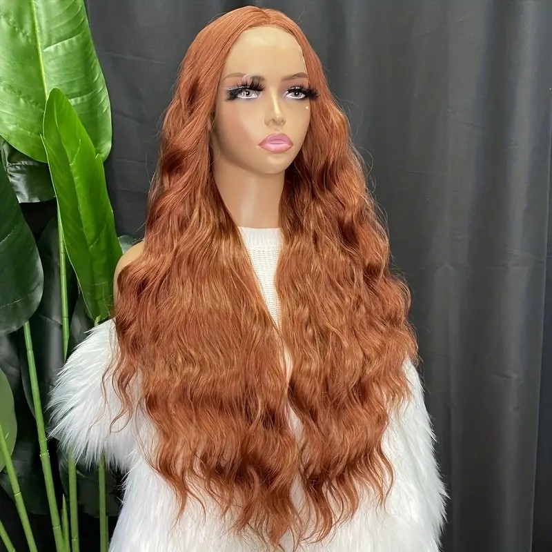 Long Wavy Ginger Orange Wig For Women 28 Inch Middle Part Lace Body Wavy Wig Natural Looking Synthetic Heat Resistant Fiber Wigs For Daily Party Use