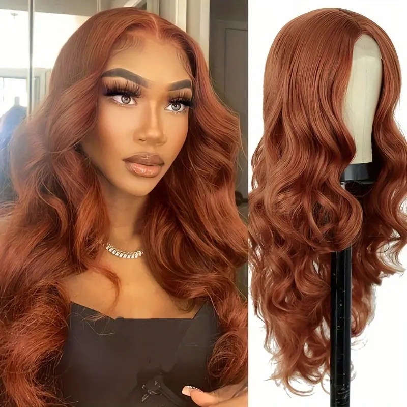 Long Wavy Wig For Women Curly Wavy T Part Lace Front Wig Middle Part Orange 24 Inch Natural Looking Synthetic Heat Resistant Fiber Wigs For Daily Party Use