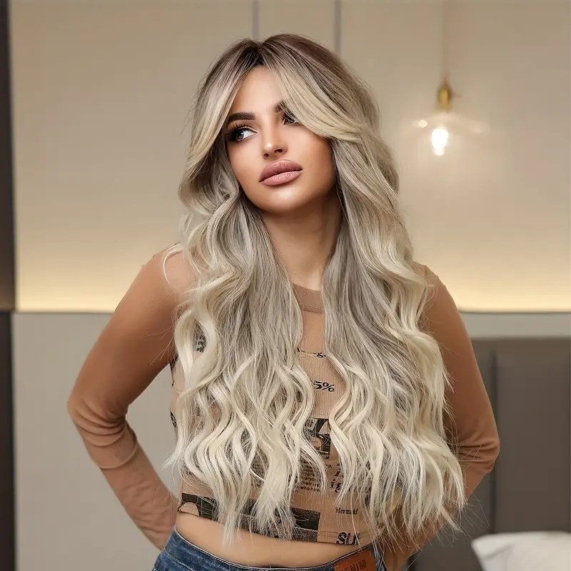 26 Inch Fashion Gradient Butterfly Haircut Wigs Long Curly Wavy Hair Wigs Middle Part Layered Synthetic Fiber Hair Wigs For Women