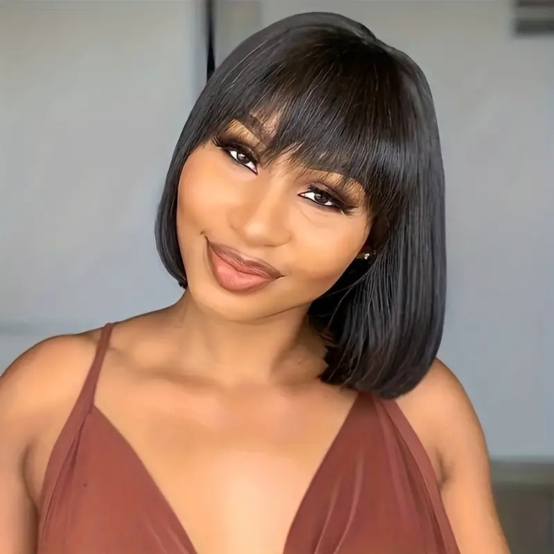 Short Straight Bob Wigs With Bangs Full Machine Made Wigs With Bangs 180% Density Non Lace Front Wig Bob Straight Wig For Women Glueless Straight Human Hair Wigs Remy Hair