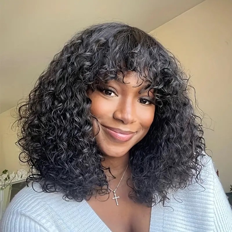 Full Machine Made Wigs With Bangs Water Weave Curly Hair 180% Density Non Lace Front Wig Glueless Curly Human Hair Wigs Remy Virgin Hair