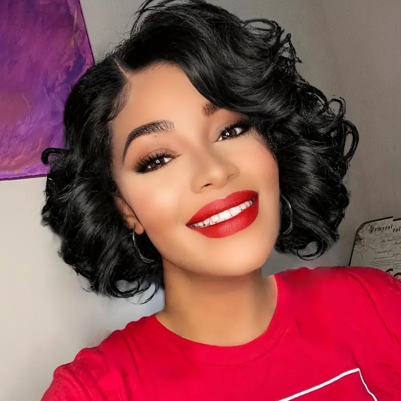 Short Curly Bob Wig Lace Front Bob Wigs For Women Big Curly Lady Side Part Wigs Synthetic Body Wave Wig For Women Black 10