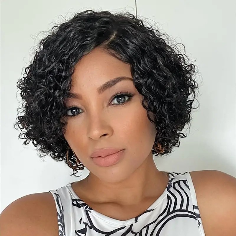 13x4x1 Human Hair Wig 8 Inch Short Cut Curly Lace Closure Wigs Pre-Plucked Glueless Side Part Frontal Bob Wig 13X4X1 Lace Bob Wig For Women