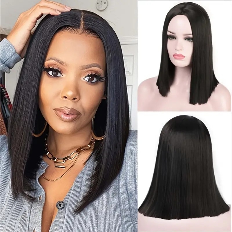 14-Inch Shoulder Length Straight Black Synthetic Bob Wig - For Daily Wear