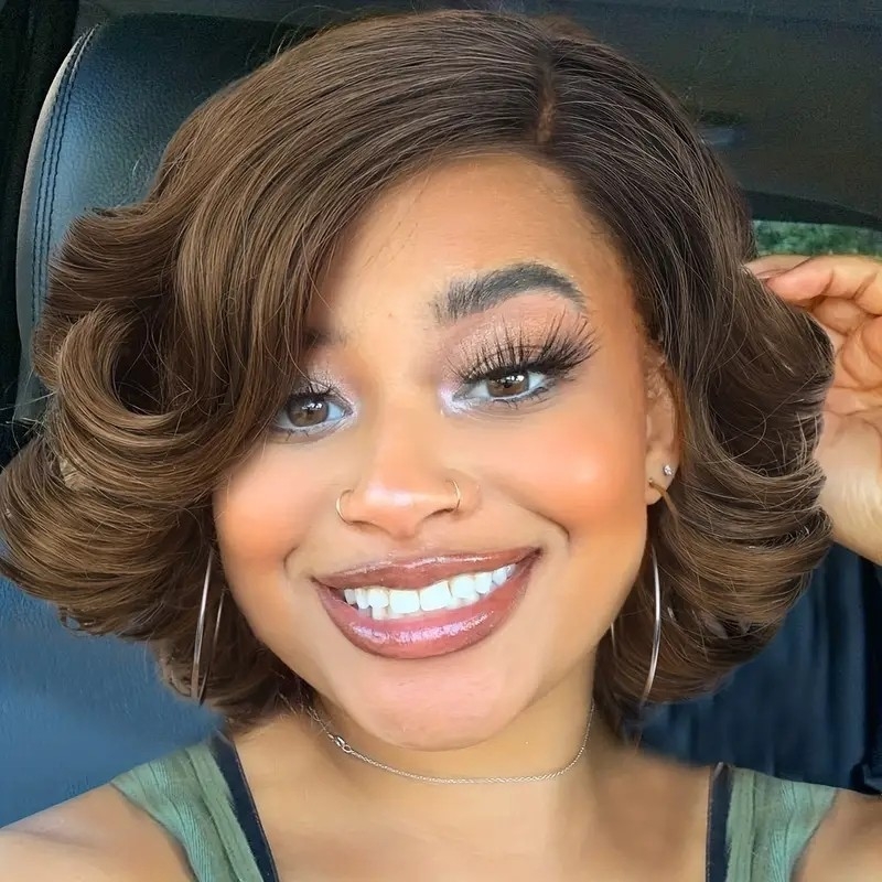 Short Curly Bob Lace Front Synthetic Wig - Side Part - For Women