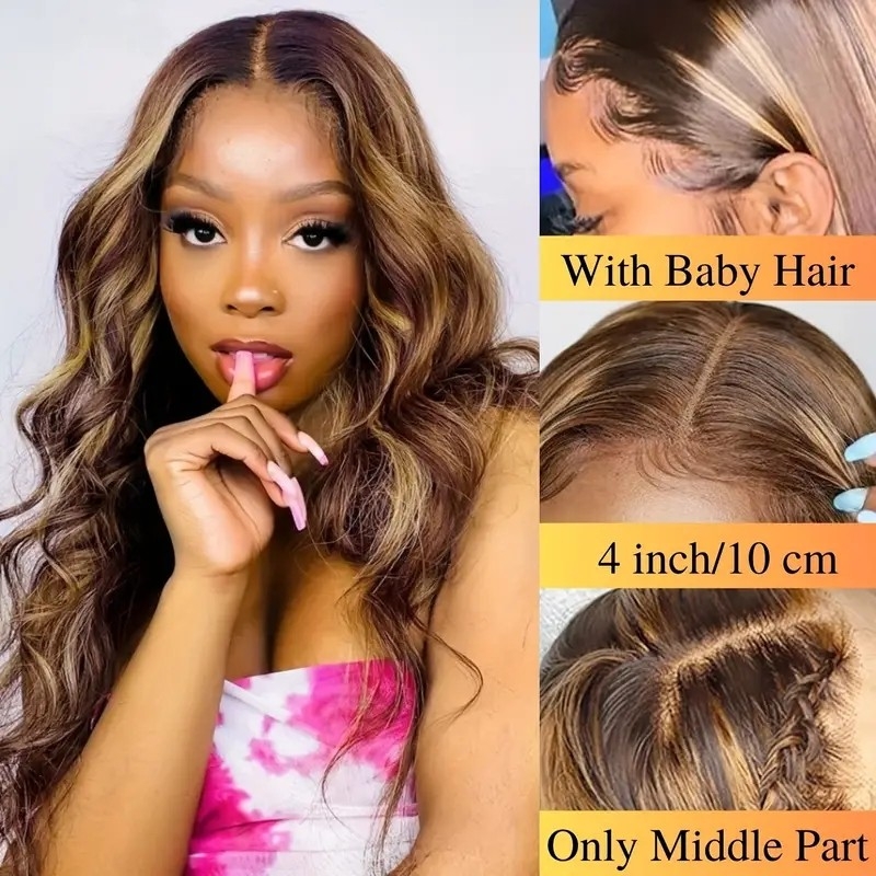 4x4 T Part Lace Closure Wigs Body Wave Human Hair HD Transparent Lace Only Middle Part Hairline Ombre Highlight Brown Honey Blonde P4/27 Colored For Women 150%