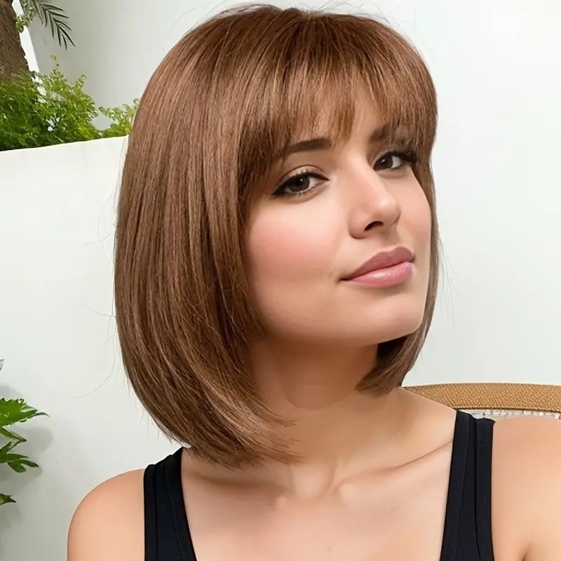 Synthetic Ombre Blonde Bob Wigs With Bangs Natural Straight Dark Roots Wigs Synthetic Soft Straight Bob Wigs For Daily Party Wear Costume Wig