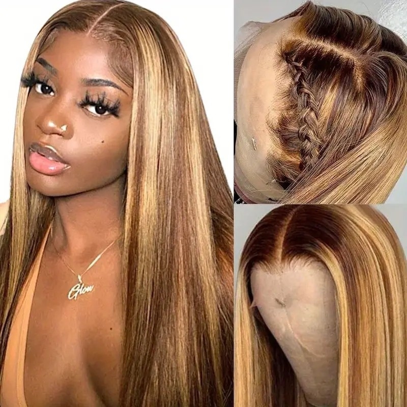 Straight Highlight Ombre Lace Front Wigs Human Hair 13x4 HD Transparent Lace Frontal Wigs 4/27 Honey Blonde Lace Front Wigs Pre Plucked With Baby Hair Brazilian Virgin Human Hair Wigs For Women 150% Density