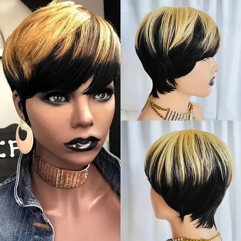 Human Hair Wigs Ombre Blonde Black Short Straight Human Hair Wigs With Bangs Short Pixie Cut Hair Wigs For Women