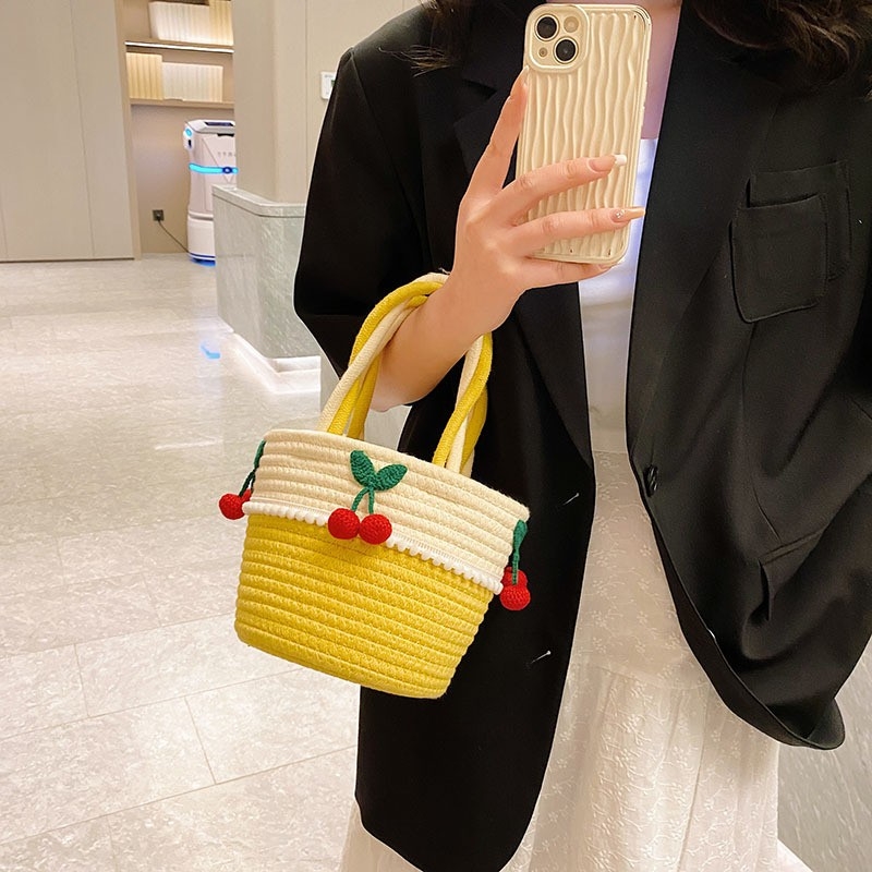 Cherry Hand-held Small Bag Womens New Handmade Cotton Thread 2023 Cute Wicker Bag Matching Beach Vacation Woven Bag