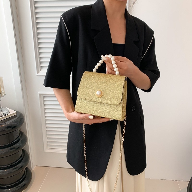 Small Bag Women Pearl Chain Small Square Bag 2023 New Summer Fashion Single Shoulder Slant Bag Iridescent Small Square Bag