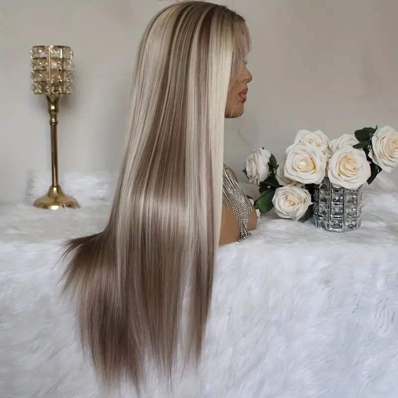 30-Inch Long Straight Ombre Wig - Dark Roots - Synthetic Hair - For Daily Wear