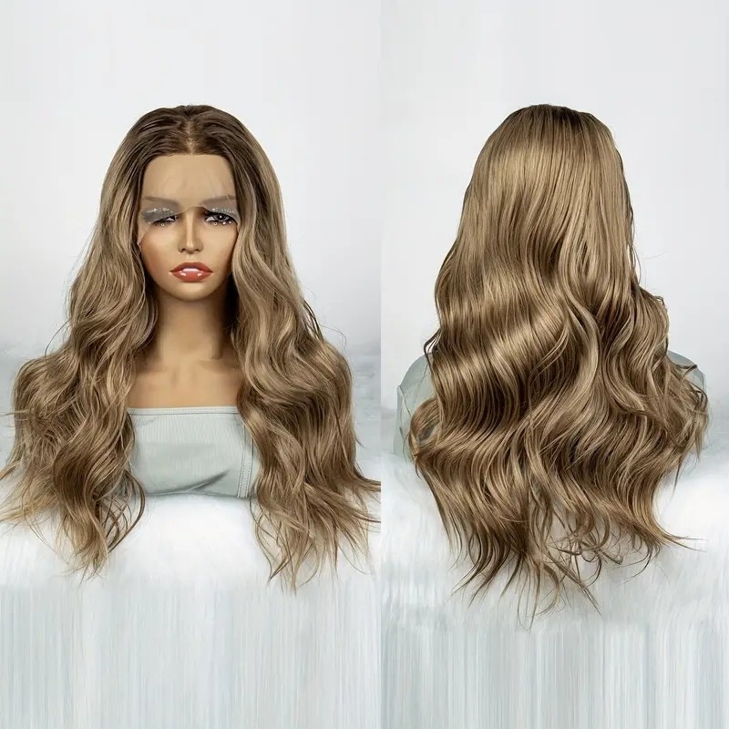 Long Black to Blonde Ombre Wig - Wavy Synthetic Lace Front - Middle Part - For Parties