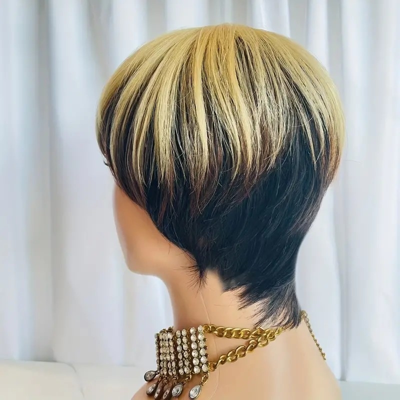 Short Straight Black to Blonde Ombre Human Hair Wig - With Bangs - Pixie Cut