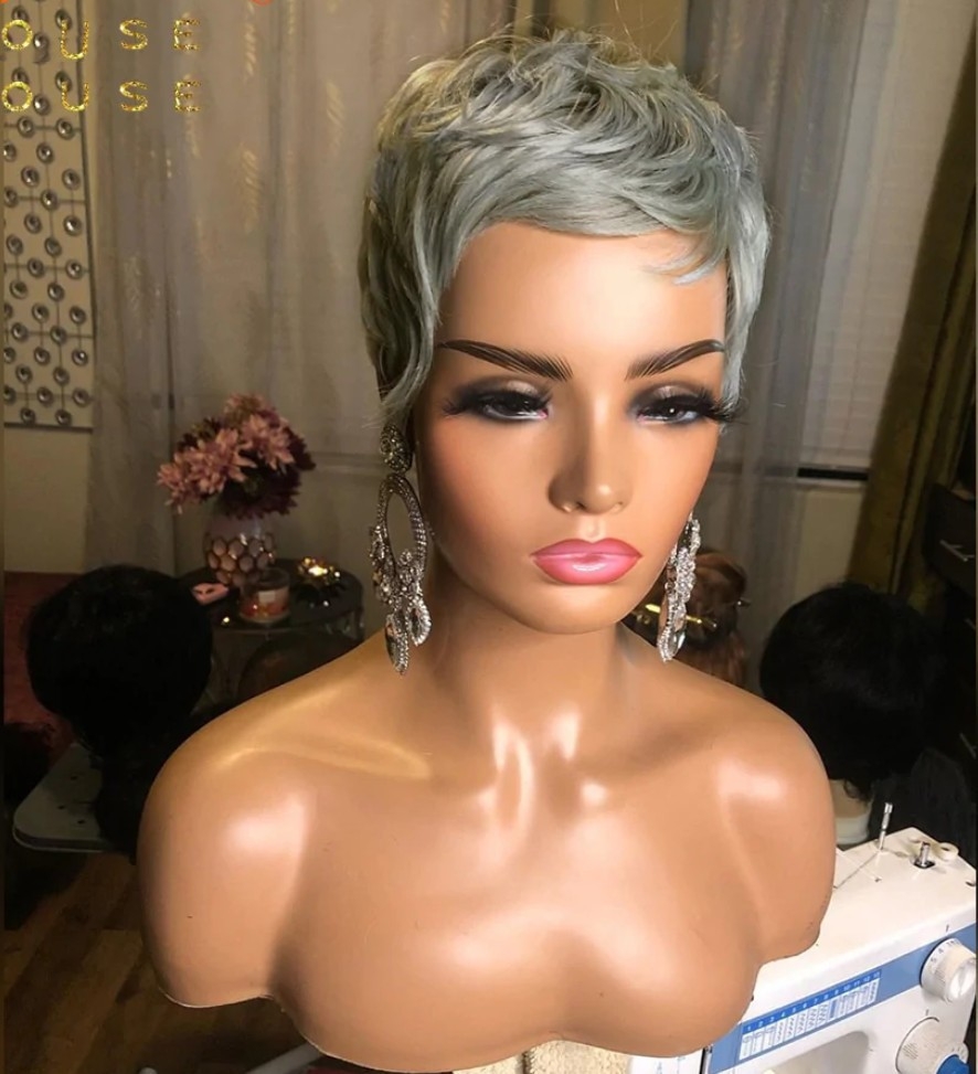 New European and American Women&#039;s Short Silver Gray Mechanism Rose Net Synthetic Wig Cap Pixie Cut Wig