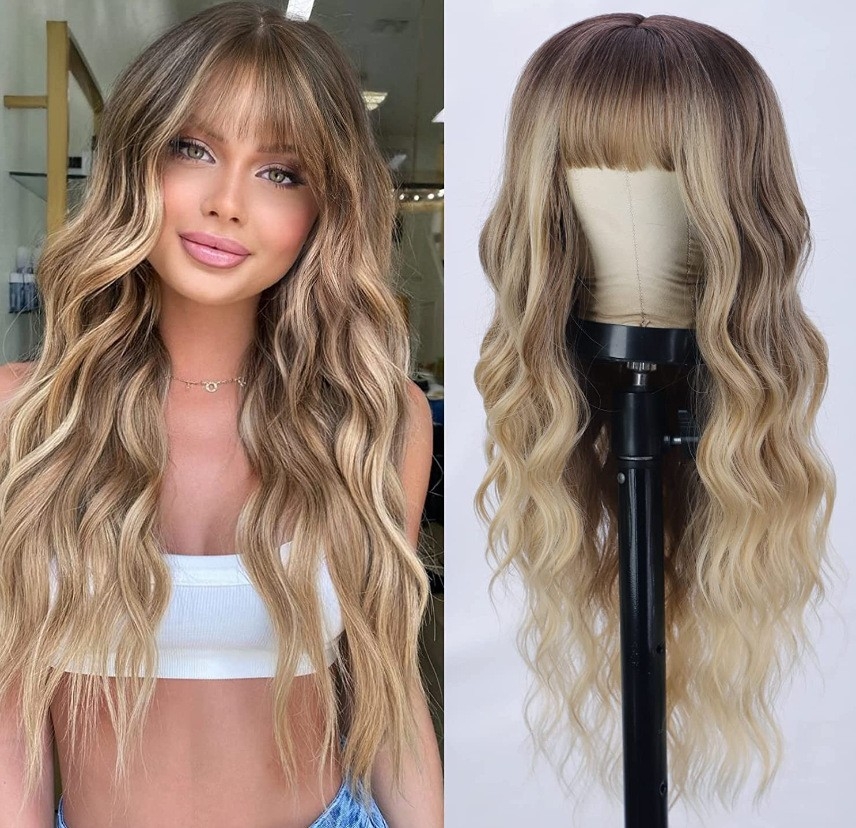 Cross-Border Hair Wig European and American Women&#039;s Long Curly Hair with Ombre Color and Bangs Mechanism Synthetic Wig Cap Wigs