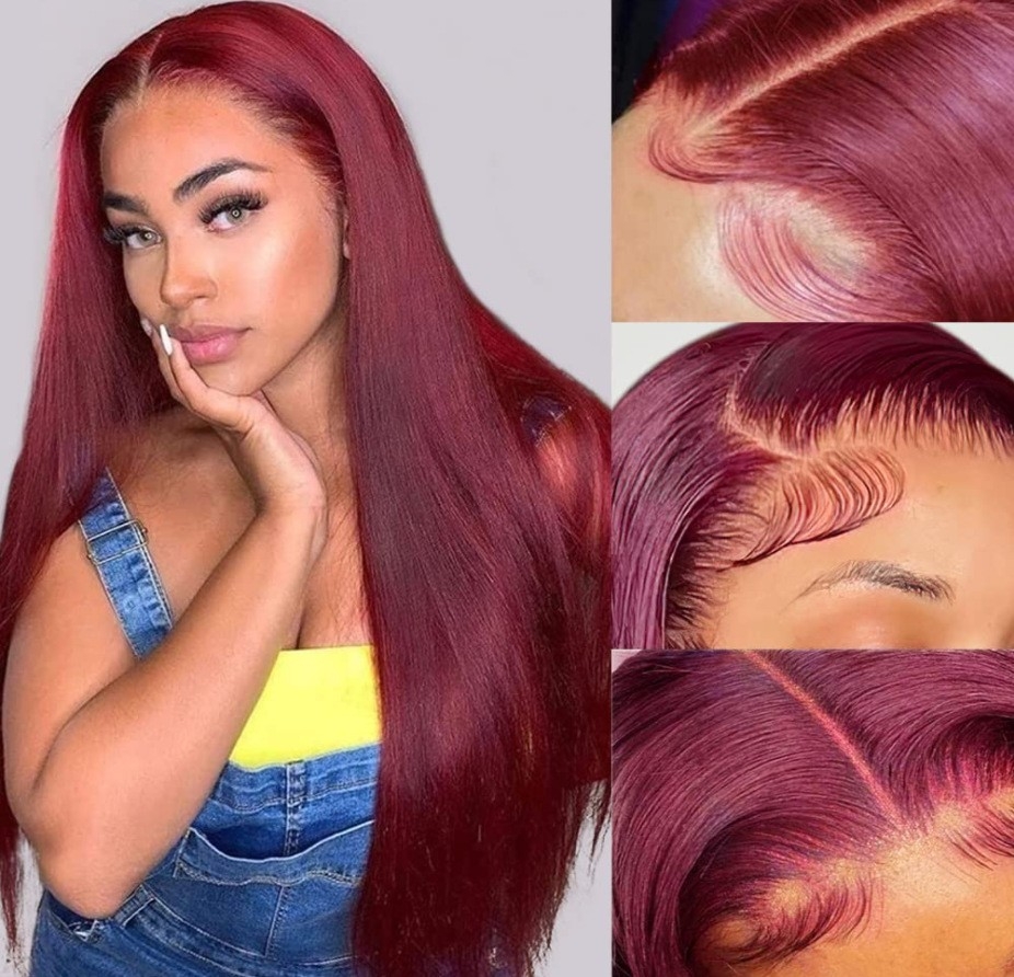 Real Hair Wig European and American Women&#039;s Long Straight Hair Wine Red 13x4 Front Lace Wig Cap Human Hair Wig