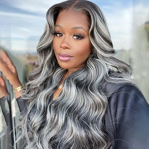 European and American Women&#039;s Fashion Middle Part Long Curly Hair Wig Ombre Silver Gray Mechanism Full Synthetic Wig Cap