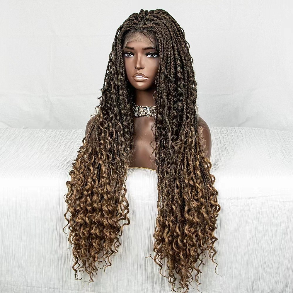 Cross-Border New African Braid Wig European and American Women&#039;s Long Hair Handmade Lace Synthetic Wig Cap Braid Wigs